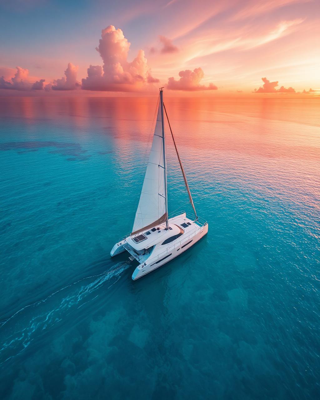 Catamaran sailing at sunset